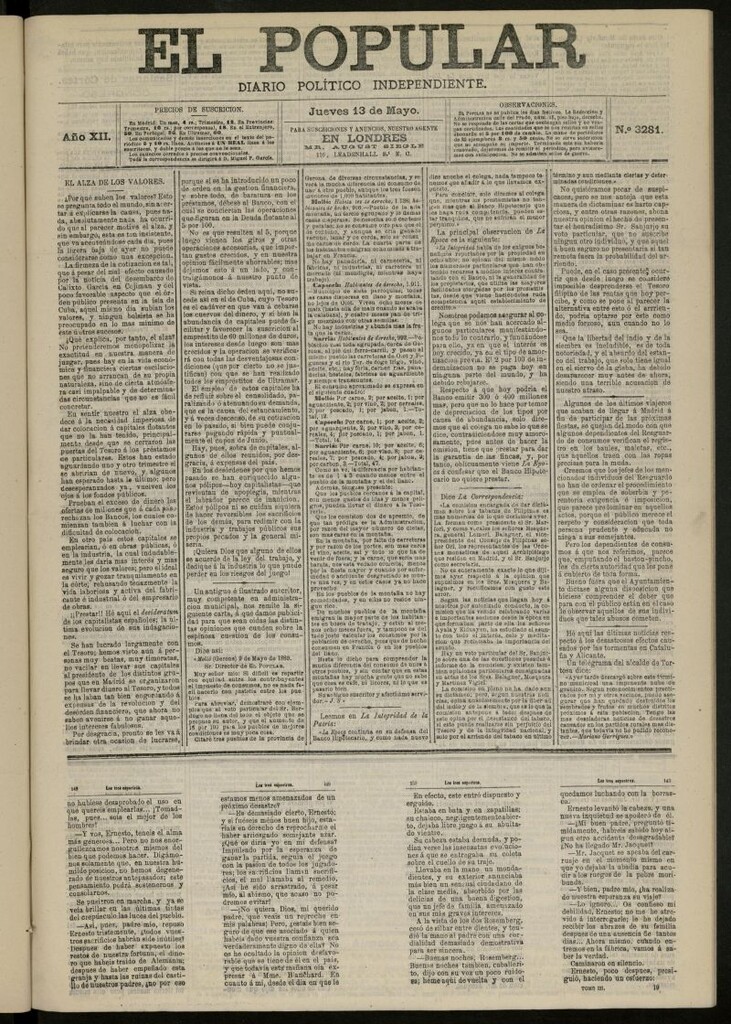 Miniatura de El Popular: diario independiente, político, literario y de noticias de interés general del 13 de mayo de 1880, nº 3281