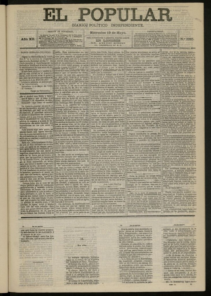 Miniatura de El Popular: diario independiente, político, literario y de noticias de interés general del 19 de mayo de 1880, nº 3285