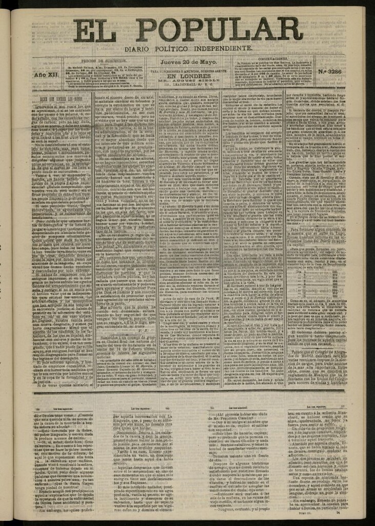 Miniatura de El Popular: diario independiente, político, literario y de noticias de interés general del 20 de mayo de 1880, nº 3286
