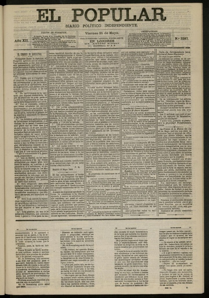 Miniatura de El Popular: diario independiente, político, literario y de noticias de interés general del 21 de mayo de 1880, nº 3287