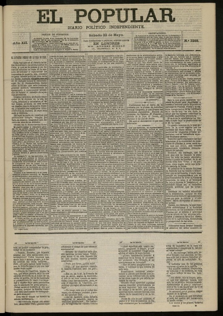 Miniatura de El Popular: diario independiente, político, literario y de noticias de interés general del 22 de mayo de 1880, nº 3288