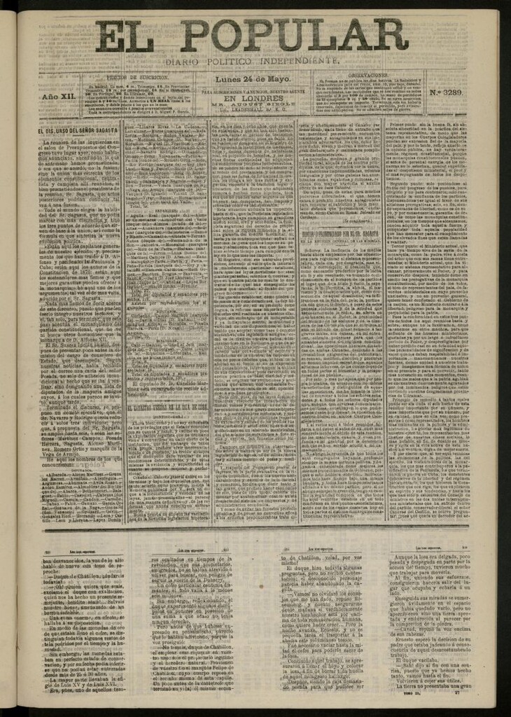 Miniatura de El Popular: diario independiente, político, literario y de noticias de interés general del 24 de mayo de 1880, nº 3289