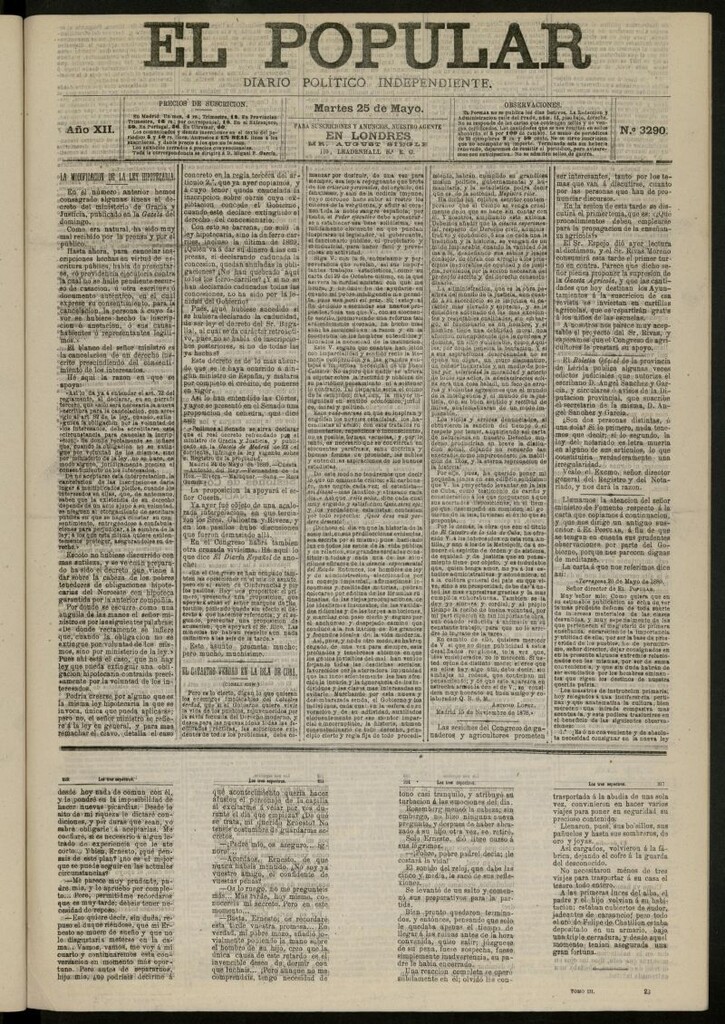 Miniatura de El Popular: diario independiente, político, literario y de noticias de interés general del 25 de mayo de 1880, nº 3290