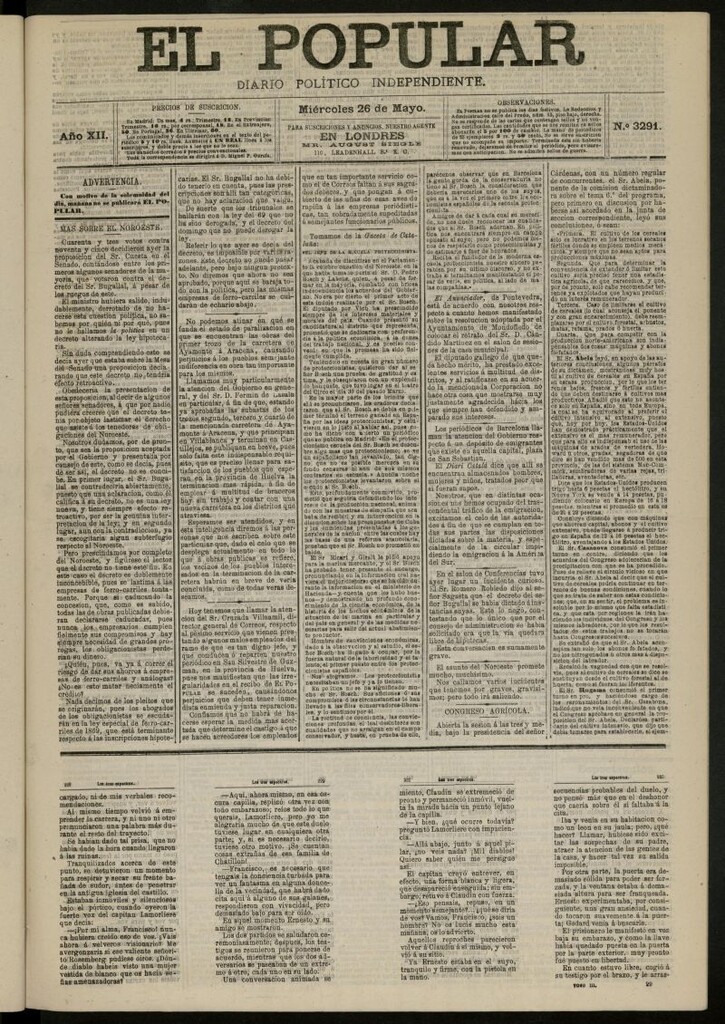 Miniatura de El Popular: diario independiente, político, literario y de noticias de interés general del 26 de mayo de 1880, nº 3291