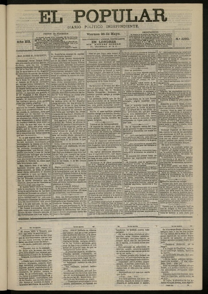 Miniatura de El Popular: diario independiente, político, literario y de noticias de interés general del 28 de mayo de 1880, nº 3292