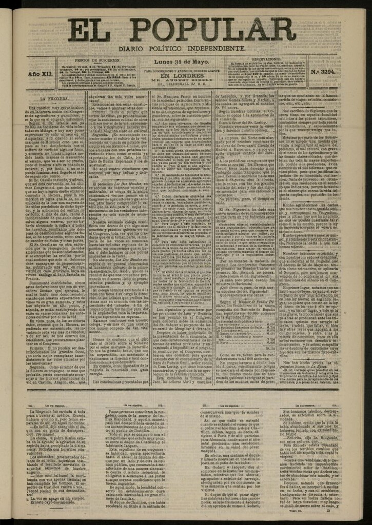 Miniatura de El Popular: diario independiente, político, literario y de noticias de interés general del 31 de mayo de 1880, nº 3294