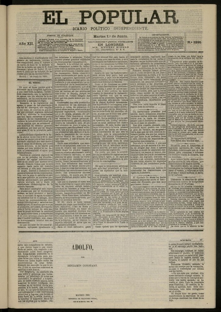Miniatura de El Popular: diario independiente, político, literario y de noticias de interés general del 1 de junio de 1880, nº 3295