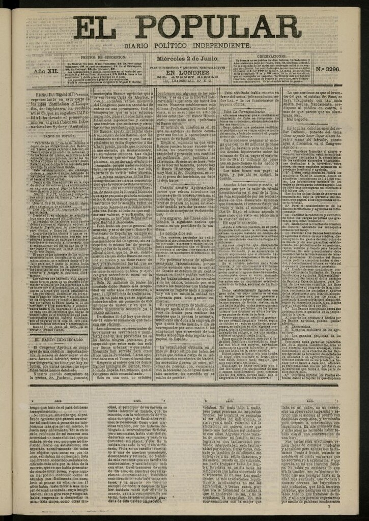 Miniatura de El Popular: diario independiente, político, literario y de noticias de interés general del 2 de junio de 1880, nº 3296