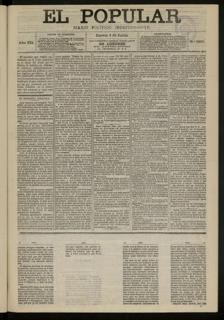 Miniatura de El Popular: diario independiente, político, literario y de noticias de interés general del 3 de junio de 1880, nº 3297