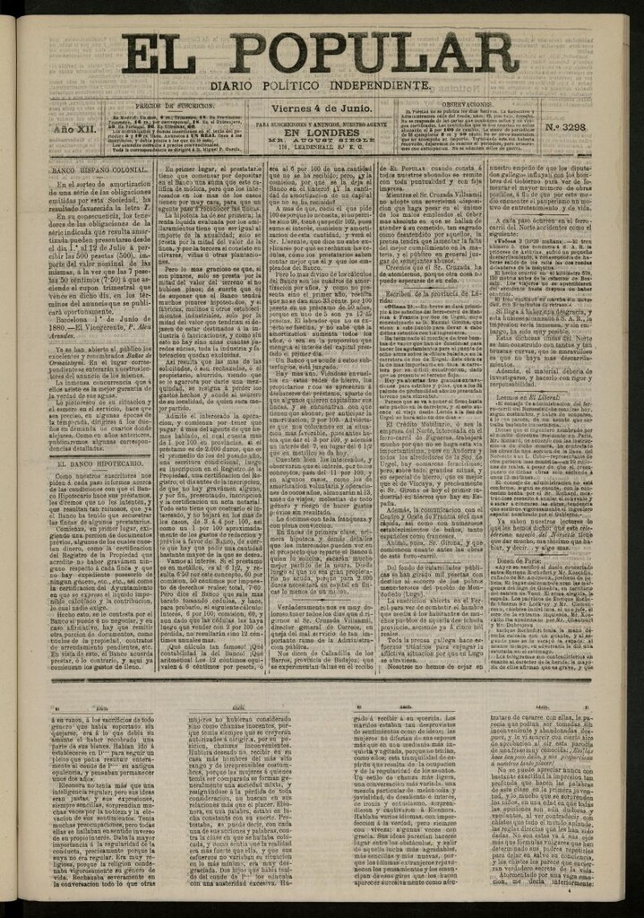 Miniatura de El Popular: diario independiente, político, literario y de noticias de interés general del 4 de junio de 1880, nº 3298