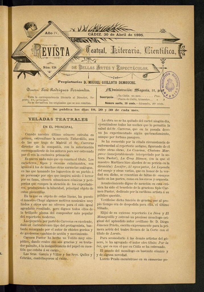 Miniatura de Revista Teatral, Literaria, Científica, de Bellas Artes y Espectáculos. Nº 124
