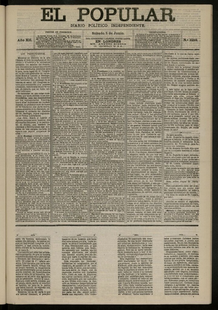 Miniatura de El Popular: diario independiente, político, literario y de noticias de interés general del 5 de junio de 1880, nº 3299