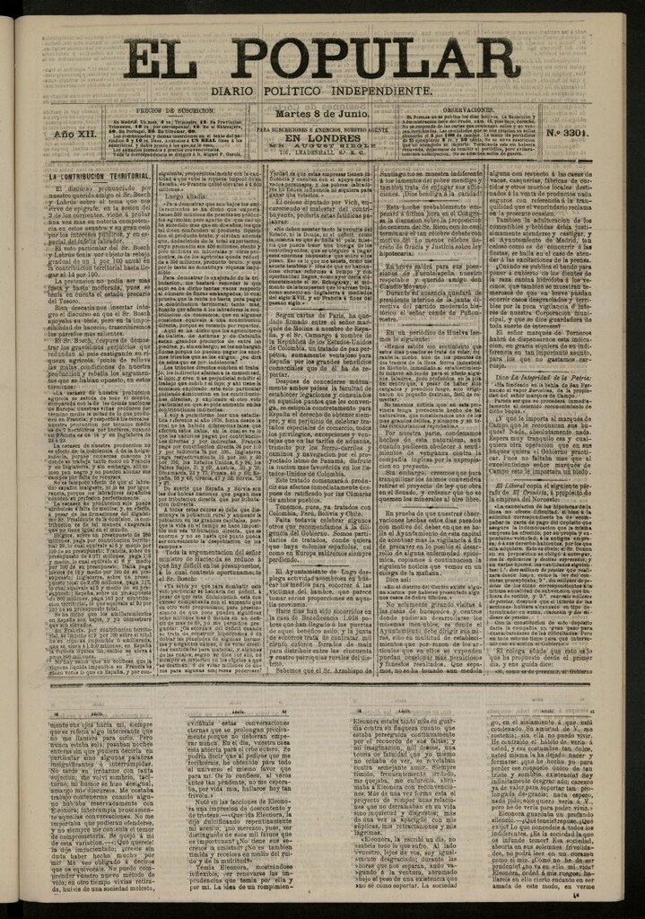 Miniatura de El Popular: diario independiente, político, literario y de noticias de interés general del 8 de junio de 1880, nº 3301