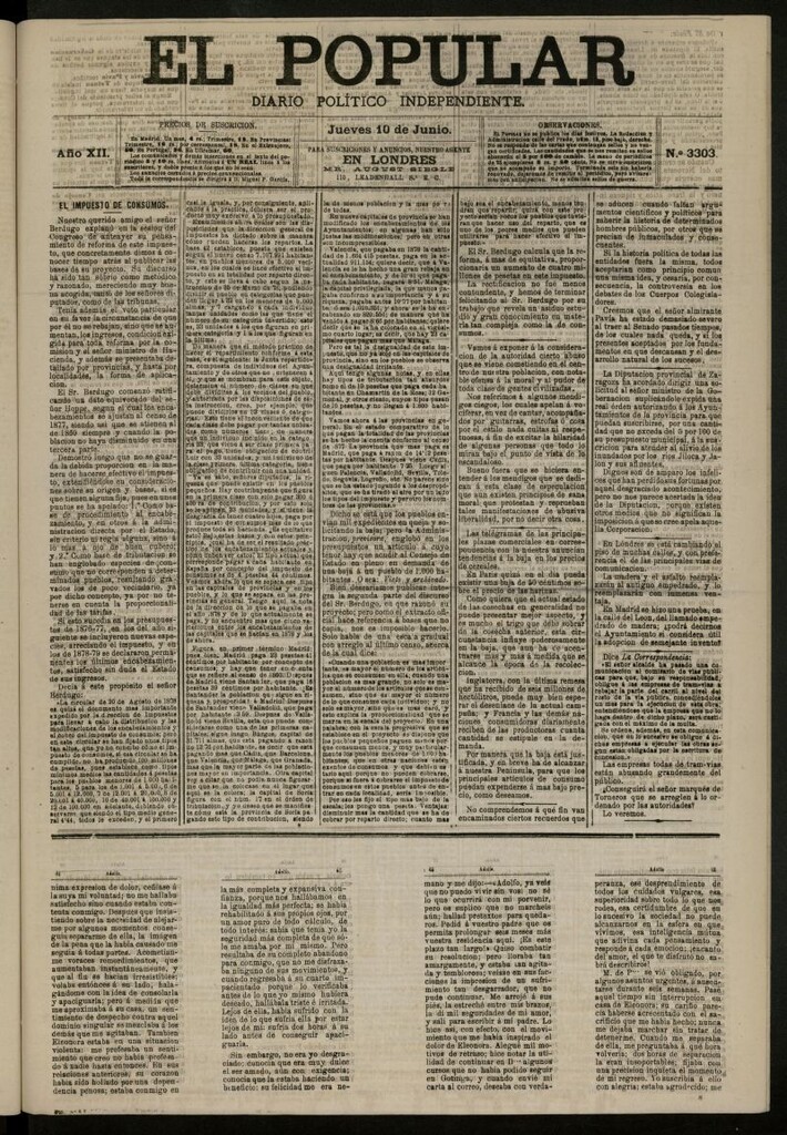 Miniatura de El Popular: diario independiente, político, literario y de noticias de interés general del 10 de junio de 1880, nº 3303