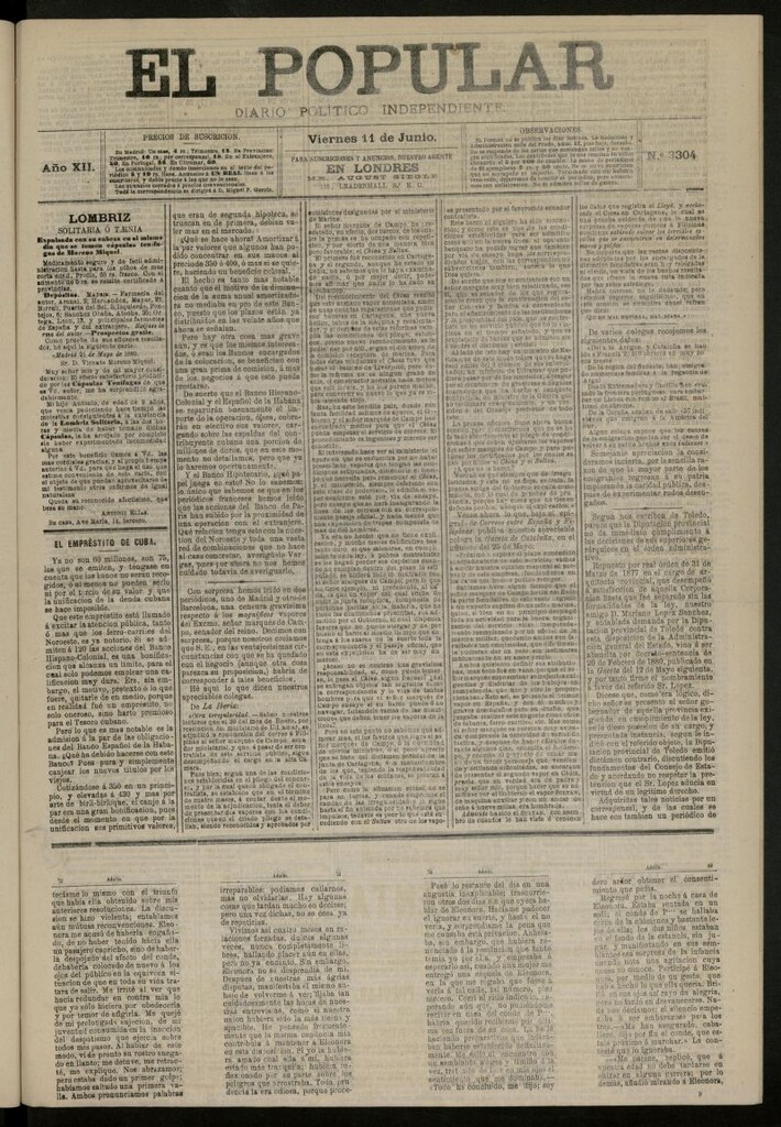 Miniatura de El Popular: diario independiente, político, literario y de noticias de interés general del 11 de junio de 1880, nº 3304