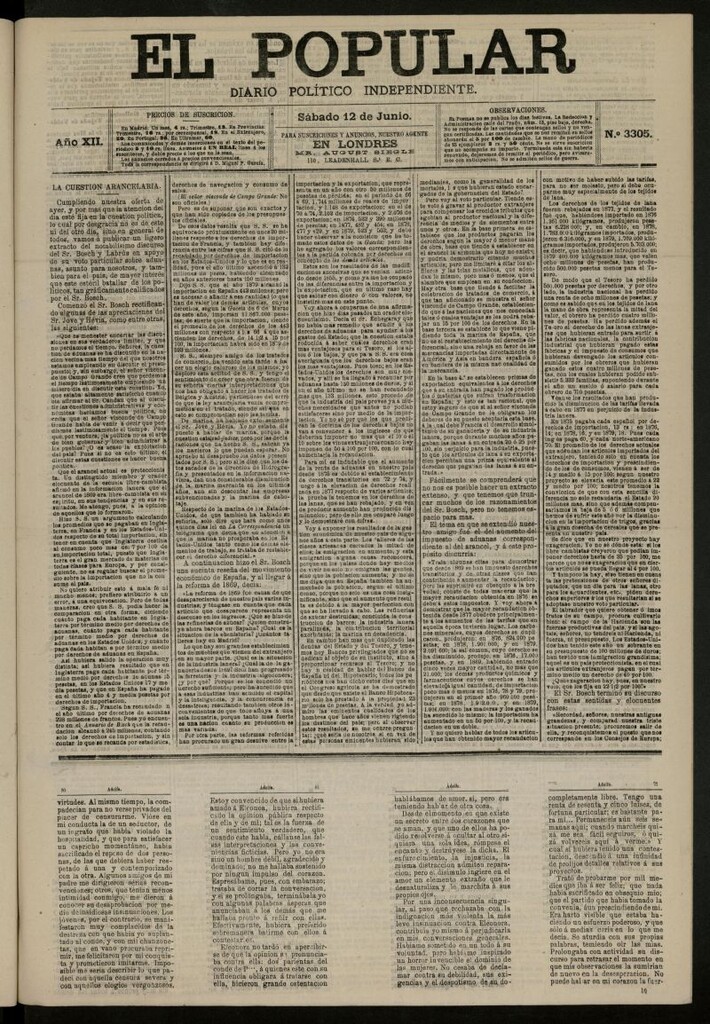 Miniatura de El Popular: diario independiente, político, literario y de noticias de interés general del 12 de junio de 1880, nº 3305