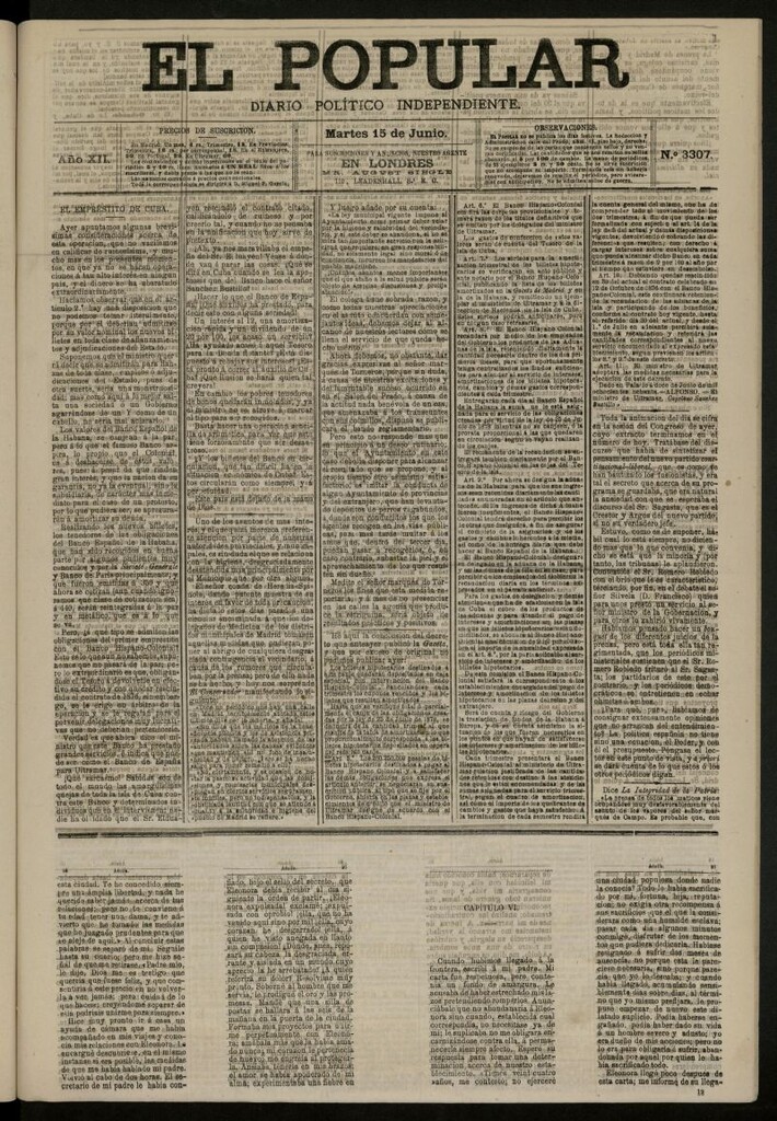 Miniatura de El Popular: diario independiente, político, literario y de noticias de interés general del 15 de junio de 1880, nº 3307