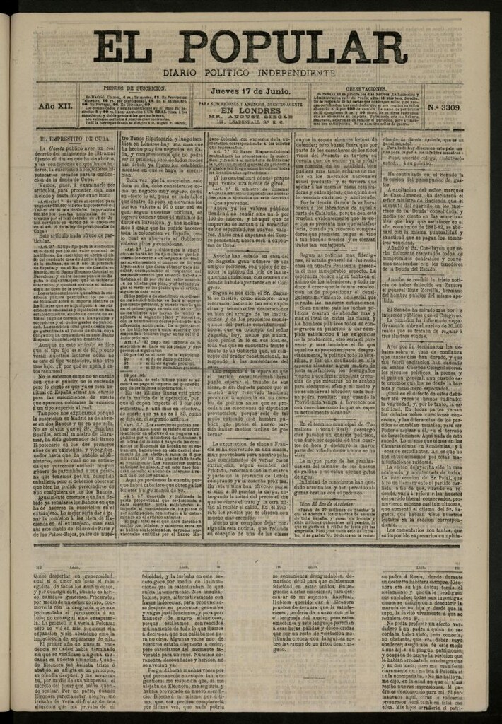 Miniatura de El Popular: diario independiente, político, literario y de noticias de interés general del 17 de junio de 1880, nº 3309
