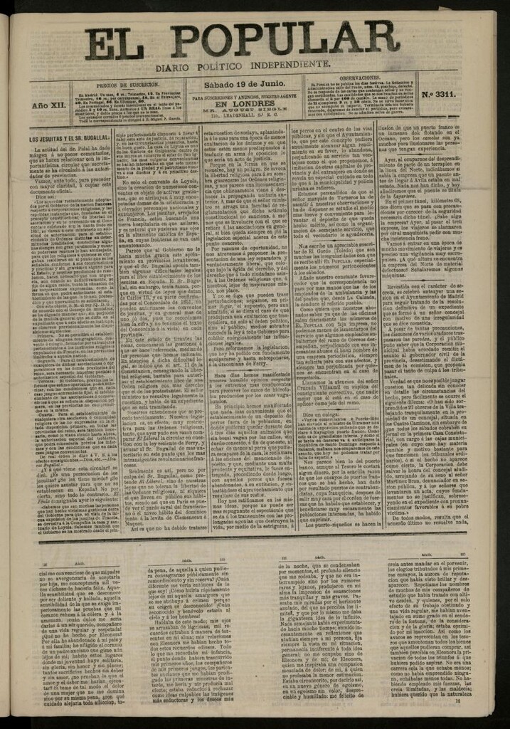 Miniatura de El Popular: diario independiente, político, literario y de noticias de interés general del 19 de junio de 1880, nº 3311