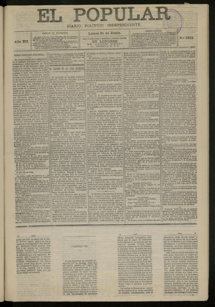 Miniatura de El Popular: diario independiente, político, literario y de noticias de interés general del 21 de junio de 1880, nº 3312