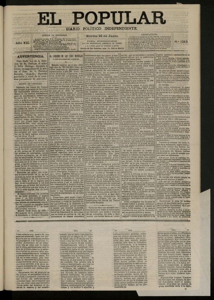 Miniatura de El Popular: diario independiente, político, literario y de noticias de interés general del 22 de junio de 1880, nº 3313