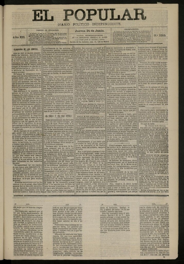 Miniatura de El Popular: diario independiente, político, literario y de noticias de interés general del 24 de junio de 1880, nº 3315