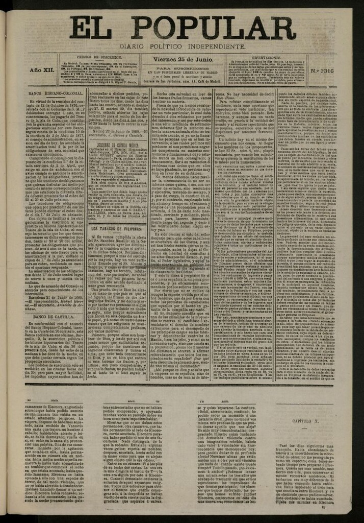 Miniatura de El Popular: diario independiente, político, literario y de noticias de interés general del 25 de junio de 1880, nº 3316