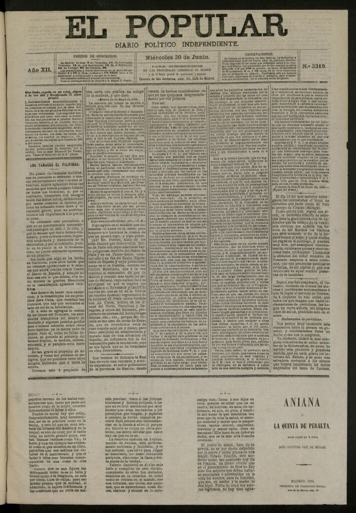 Miniatura de El Popular: diario independiente, político, literario y de noticias de interés general del 30 de junio de 1880, nº 3319