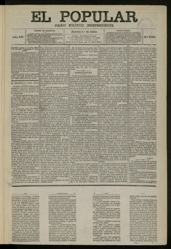 Miniatura de El Popular: diario independiente, político, literario y de noticias de interés general del 1 de julio de 1880, nº 3320
