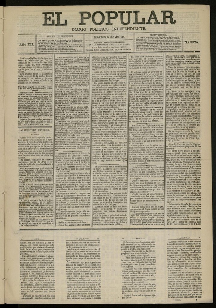 Miniatura de El Popular: diario independiente, político, literario y de noticias de interés general del 6 de julio de 1880, nº 3324