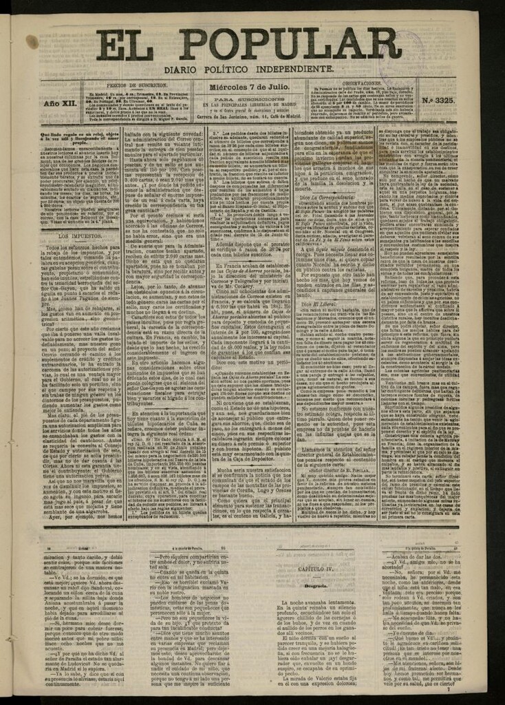 Miniatura de El Popular: diario independiente, político, literario y de noticias de interés general del 7 de julio de 1880, nº 3325