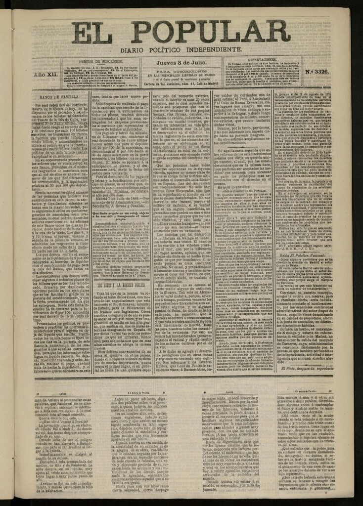 Miniatura de El Popular: diario independiente, político, literario y de noticias de interés general del 8 de julio de 1880, nº 3326