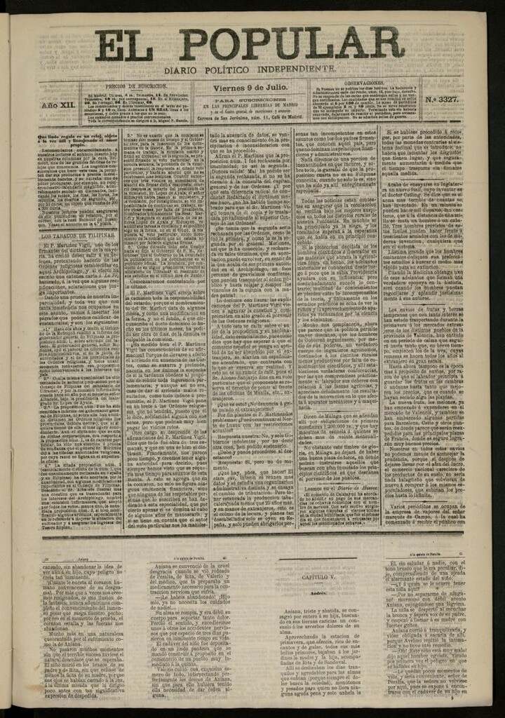 Miniatura de El Popular: diario independiente, político, literario y de noticias de interés general del 9 de julio de 1880, nº 3327