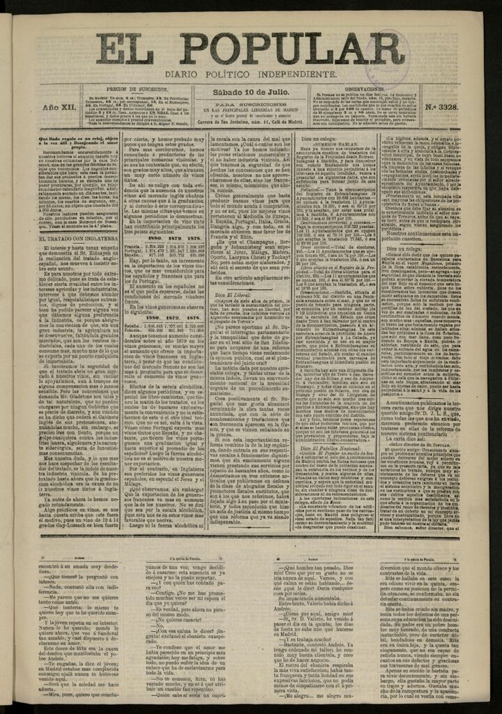 Miniatura de El Popular: diario independiente, político, literario y de noticias de interés general del 10 de julio de 1880, nº 3328