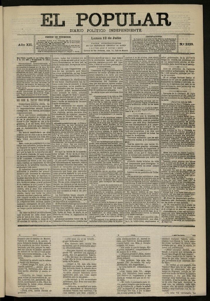 Miniatura de El Popular: diario independiente, político, literario y de noticias de interés general del 12 de julio de 1880, nº 3329