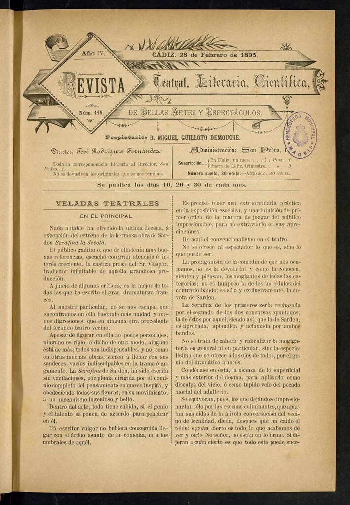 Miniatura de Revista Teatral, Literaria, Científica, de Bellas Artes y Espectáculos. Nº 118