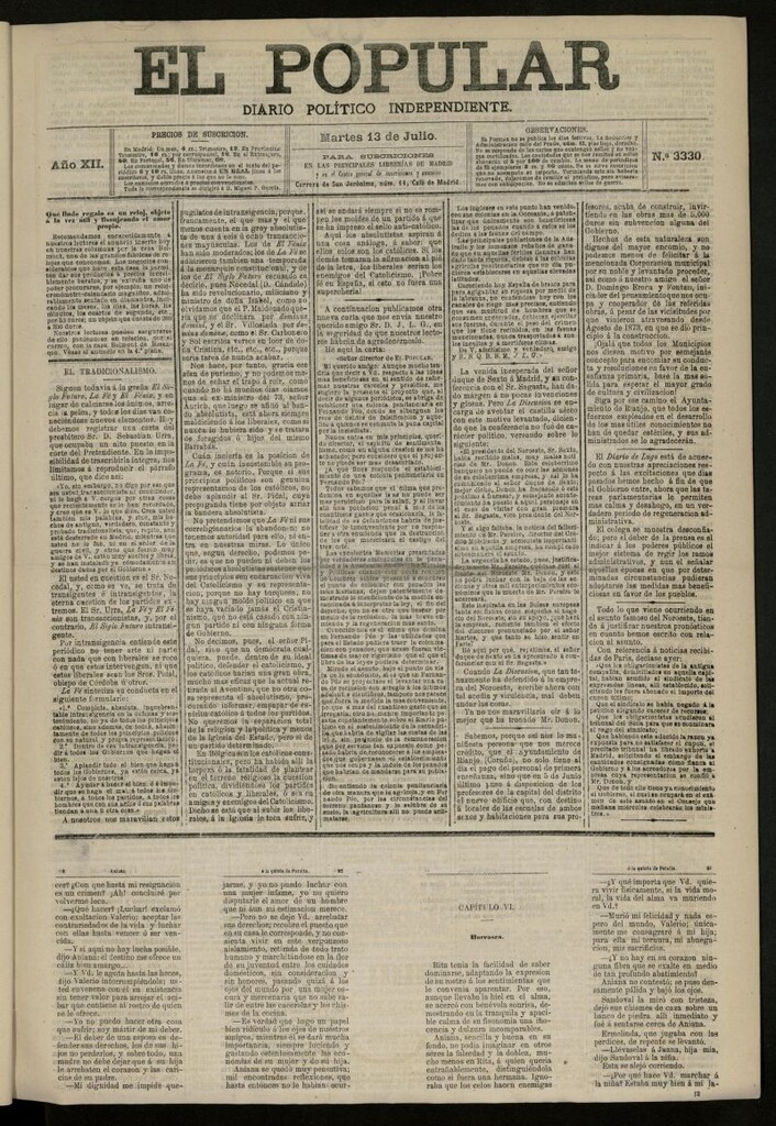 Miniatura de El Popular: diario independiente, político, literario y de noticias de interés general del 13 de julio de 1880, nº 3330