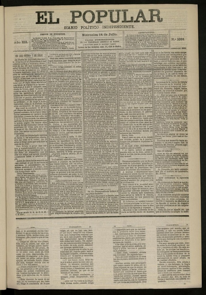 Miniatura de El Popular: diario independiente, político, literario y de noticias de interés general del 14 de julio de 1880, nº 3331
