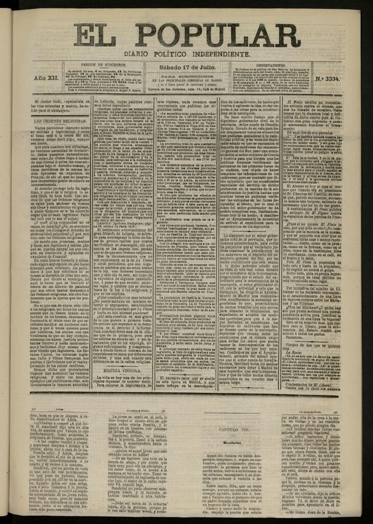 Miniatura de El Popular: diario independiente, político, literario y de noticias de interés general del 17 de julio de 1880, nº 3334