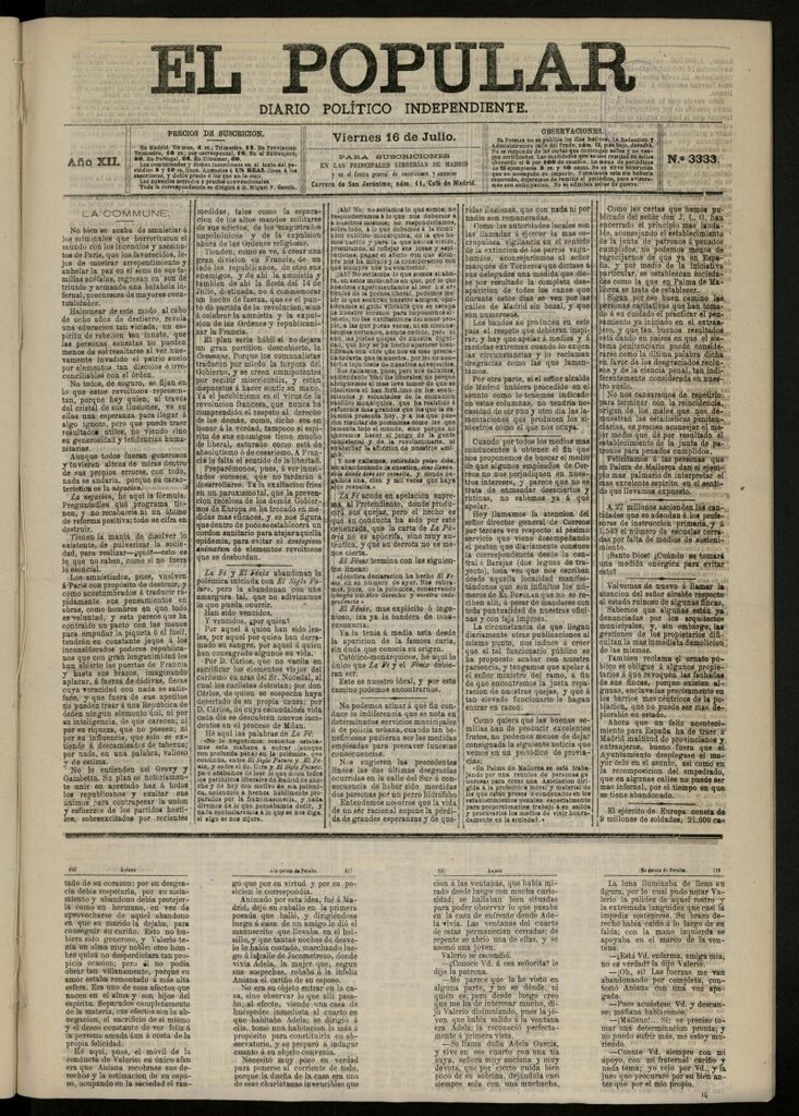 Miniatura de El Popular: diario independiente, político, literario y de noticias de interés general del 16 de julio de 1880, nº 3333