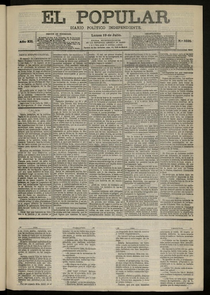 Miniatura de El Popular: diario independiente, político, literario y de noticias de interés general del 19 de julio de 1880, nº 3335