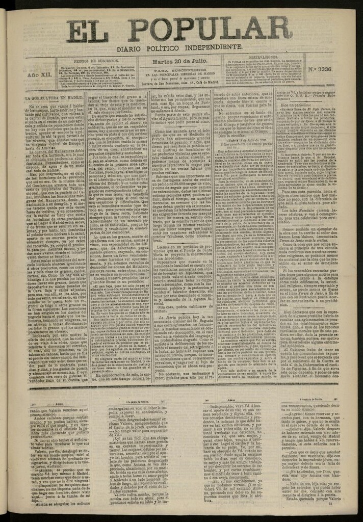 Miniatura de El Popular: diario independiente, político, literario y de noticias de interés general del 20 de julio de 1880, nº 3336