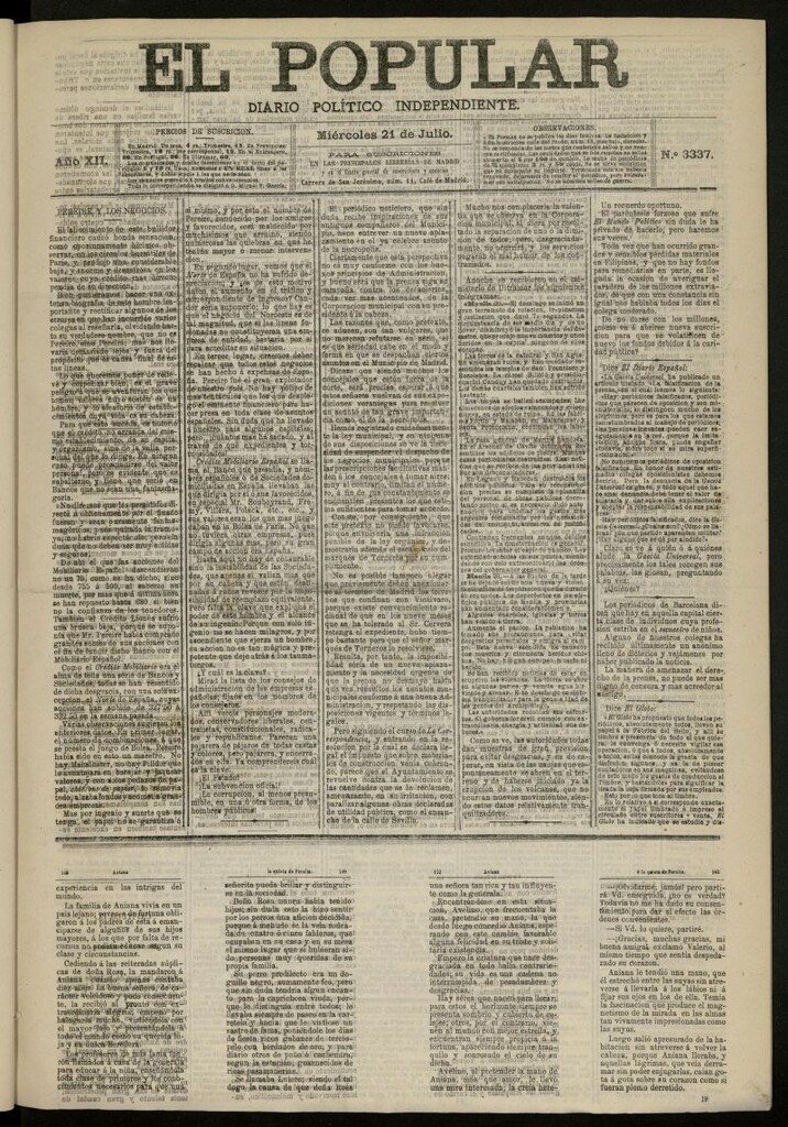 Miniatura de El Popular: diario independiente, político, literario y de noticias de interés general del 21 de julio de 1880, nº 3337