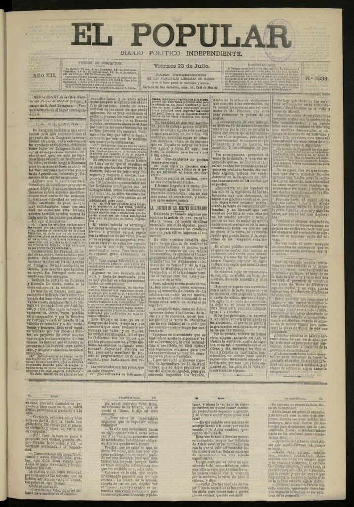Miniatura de El Popular: diario independiente, político, literario y de noticias de interés general del 23 de julio de 1880, nº 3339