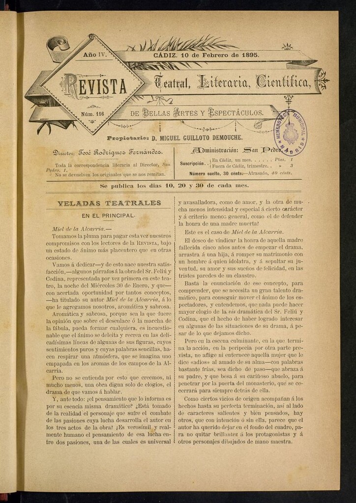 Miniatura de Revista Teatral, Literaria, Científica, de Bellas Artes y Espectáculos. Nº 116