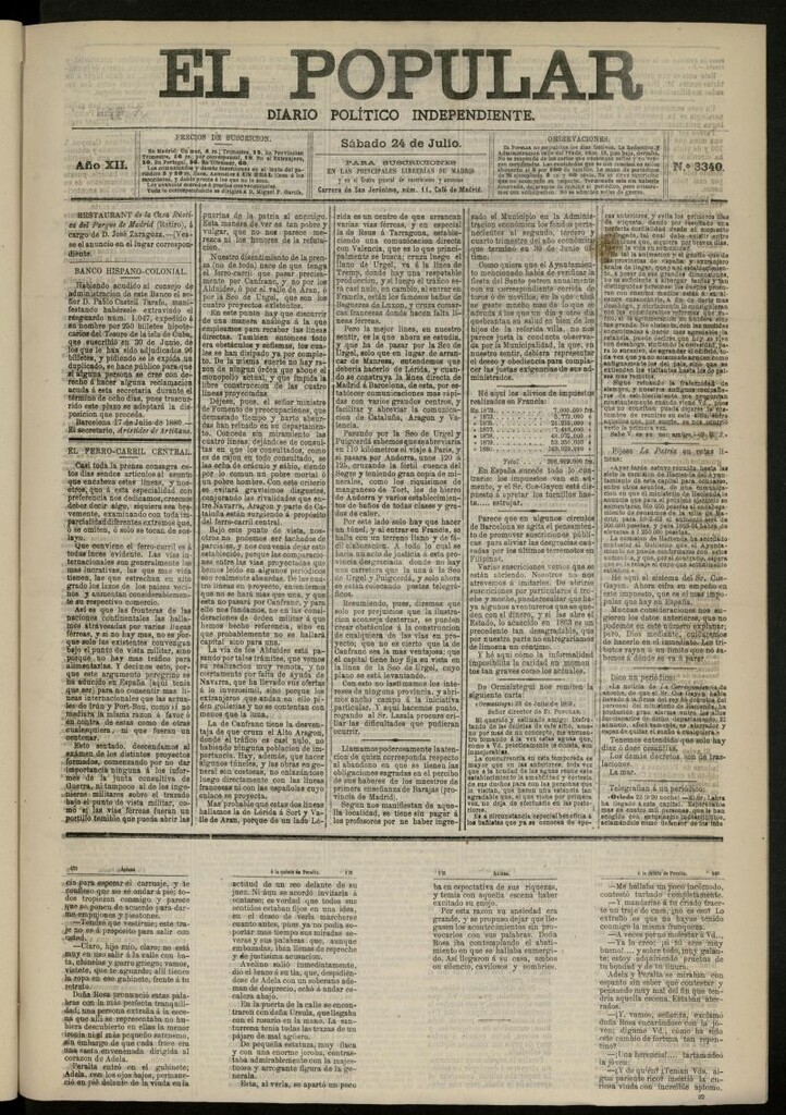 Miniatura de El Popular: diario independiente, político, literario y de noticias de interés general del 24 de julio de 1880, nº 3340