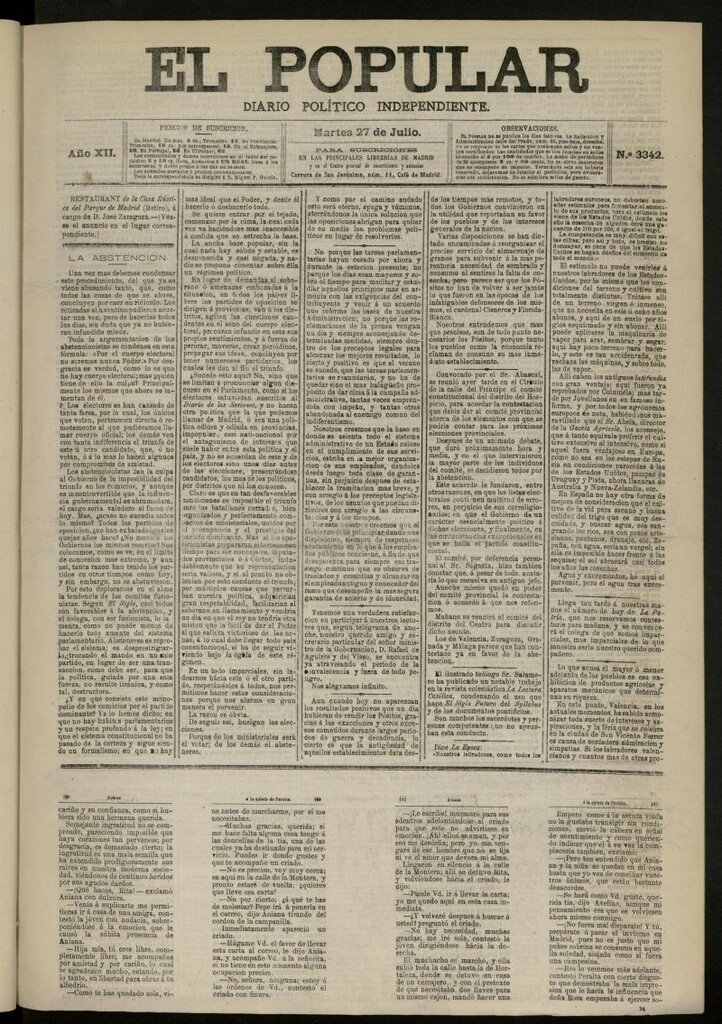 Miniatura de El Popular: diario independiente, político, literario y de noticias de interés general del 27 de julio de 1880, nº 3342