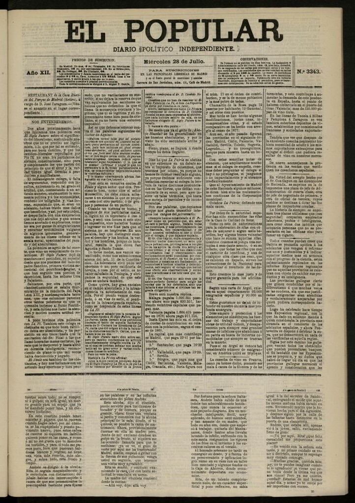 Miniatura de El Popular: diario independiente, político, literario y de noticias de interés general del 28 de julio de 1880, nº 3343
