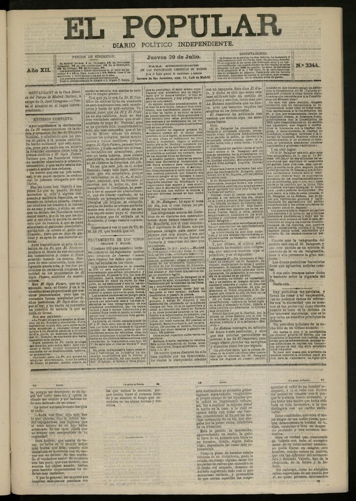Miniatura de El Popular: diario independiente, político, literario y de noticias de interés general del 29 de julio de 1880, nº 3344
