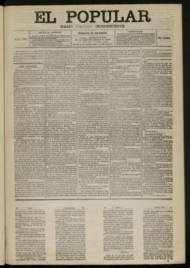 Miniatura de El Popular: diario independiente, político, literario y de noticias de interés general del 31 de julio de 1880, nº 3346
